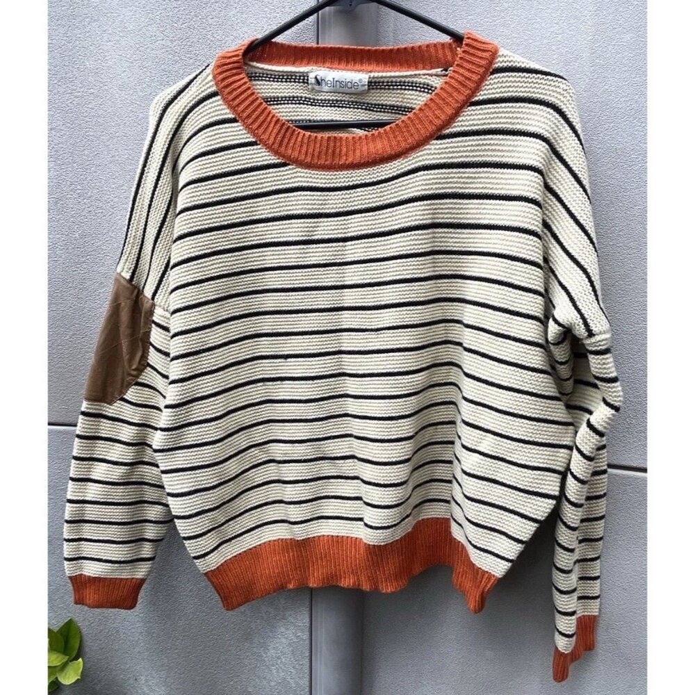 Vintage She Inside Women’s Sz Large Brown And Orange Cardigan Striped Sweater